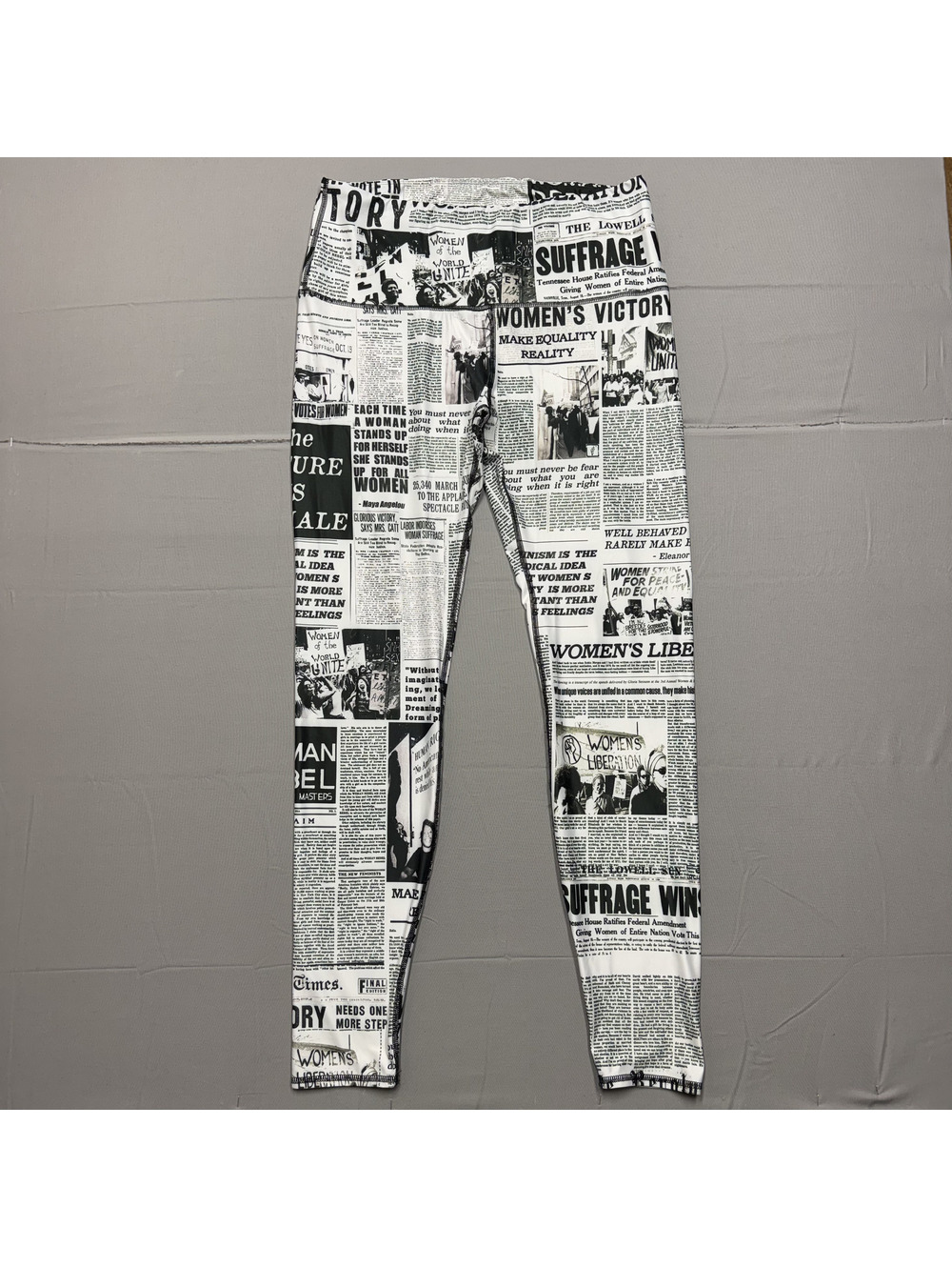 Women's Sufferage Newspaper Print Leggings High Rise Graphic Black White Size XL